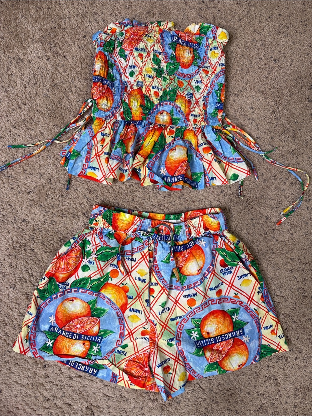 Damson Madder Smocked Strapless Orange Print Shorts Set XS